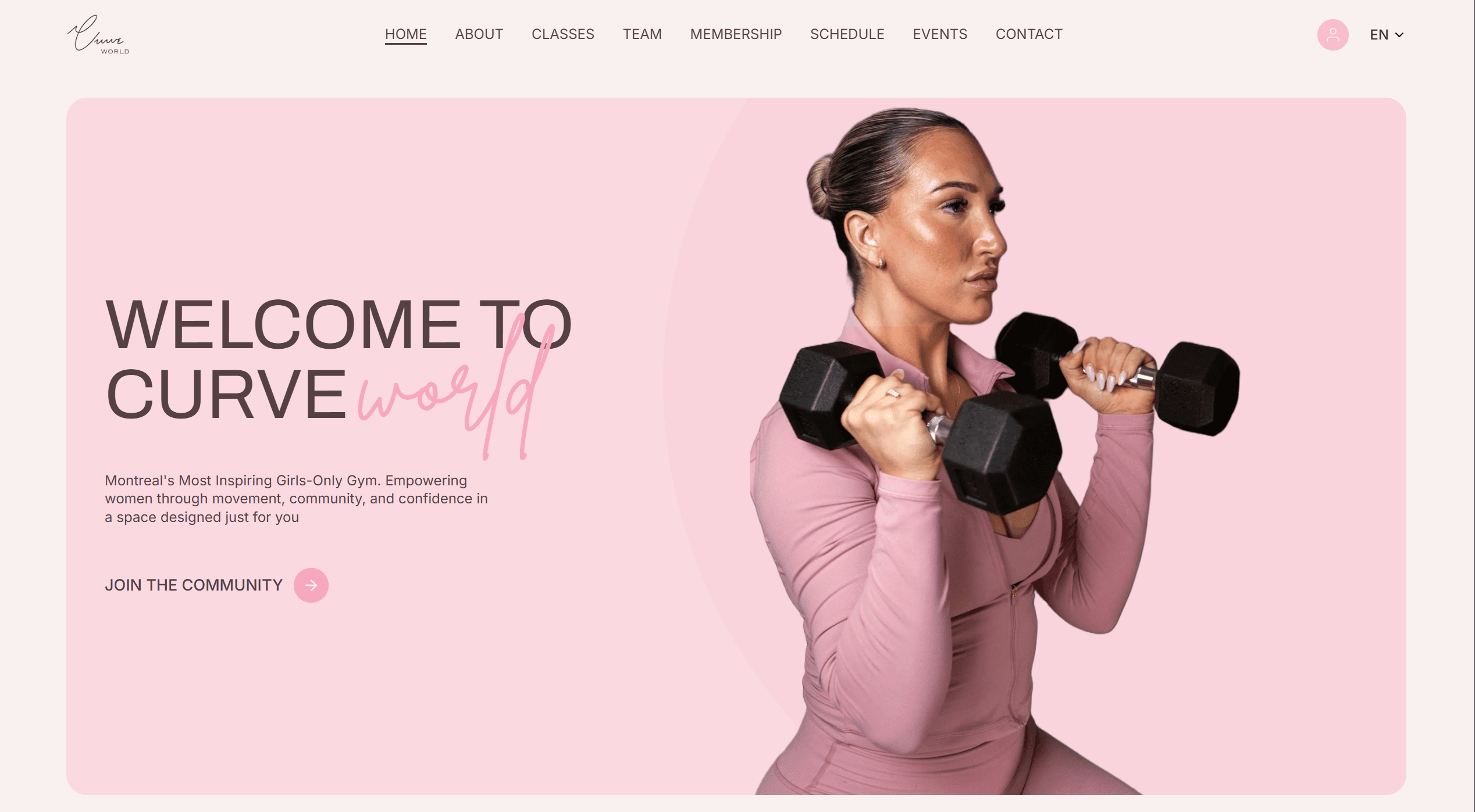 The CurveworldMTL home page: a gym booking platform for a studio in Montréal