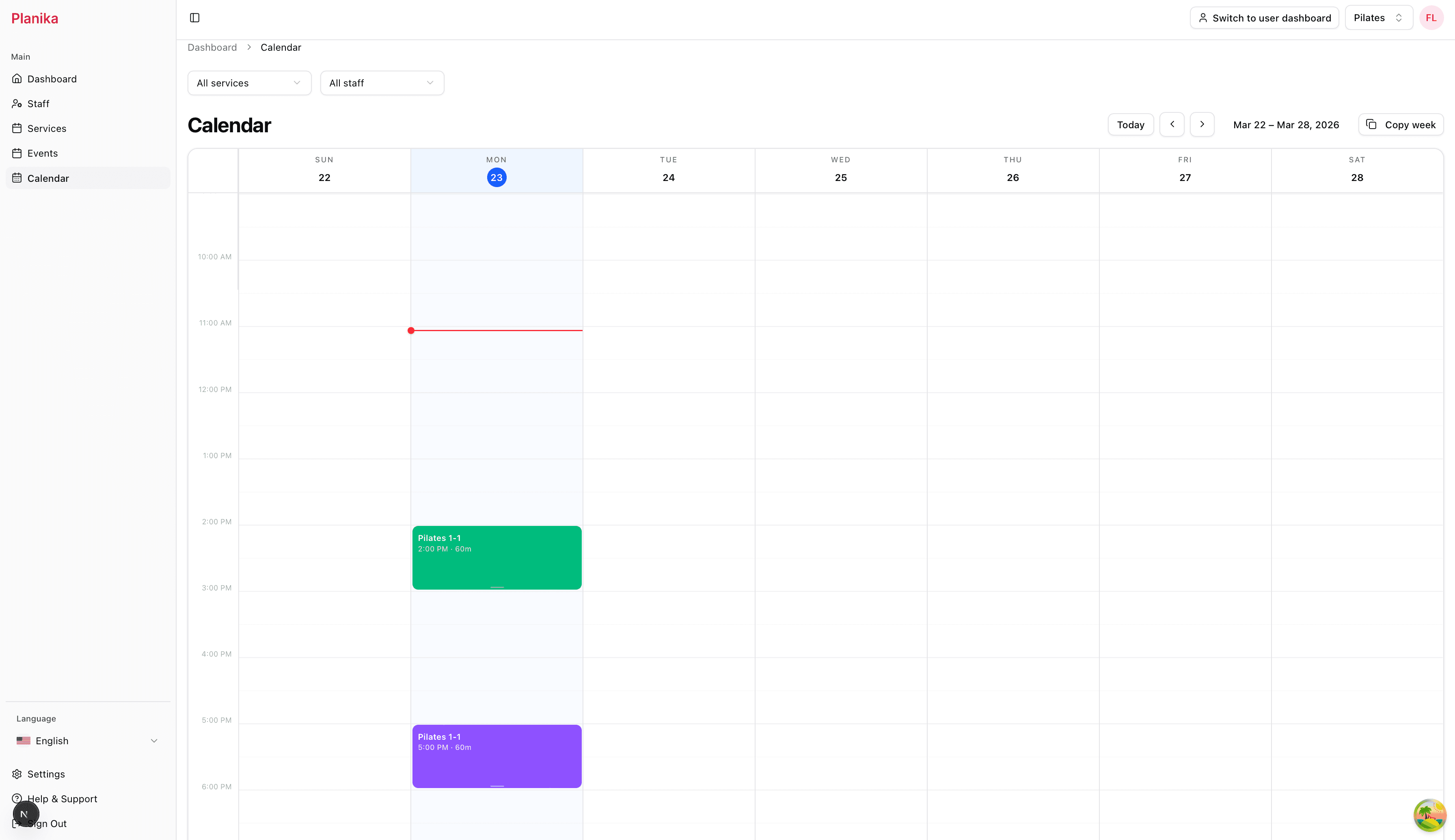 The Planika weekly calendar with sessions per staff member