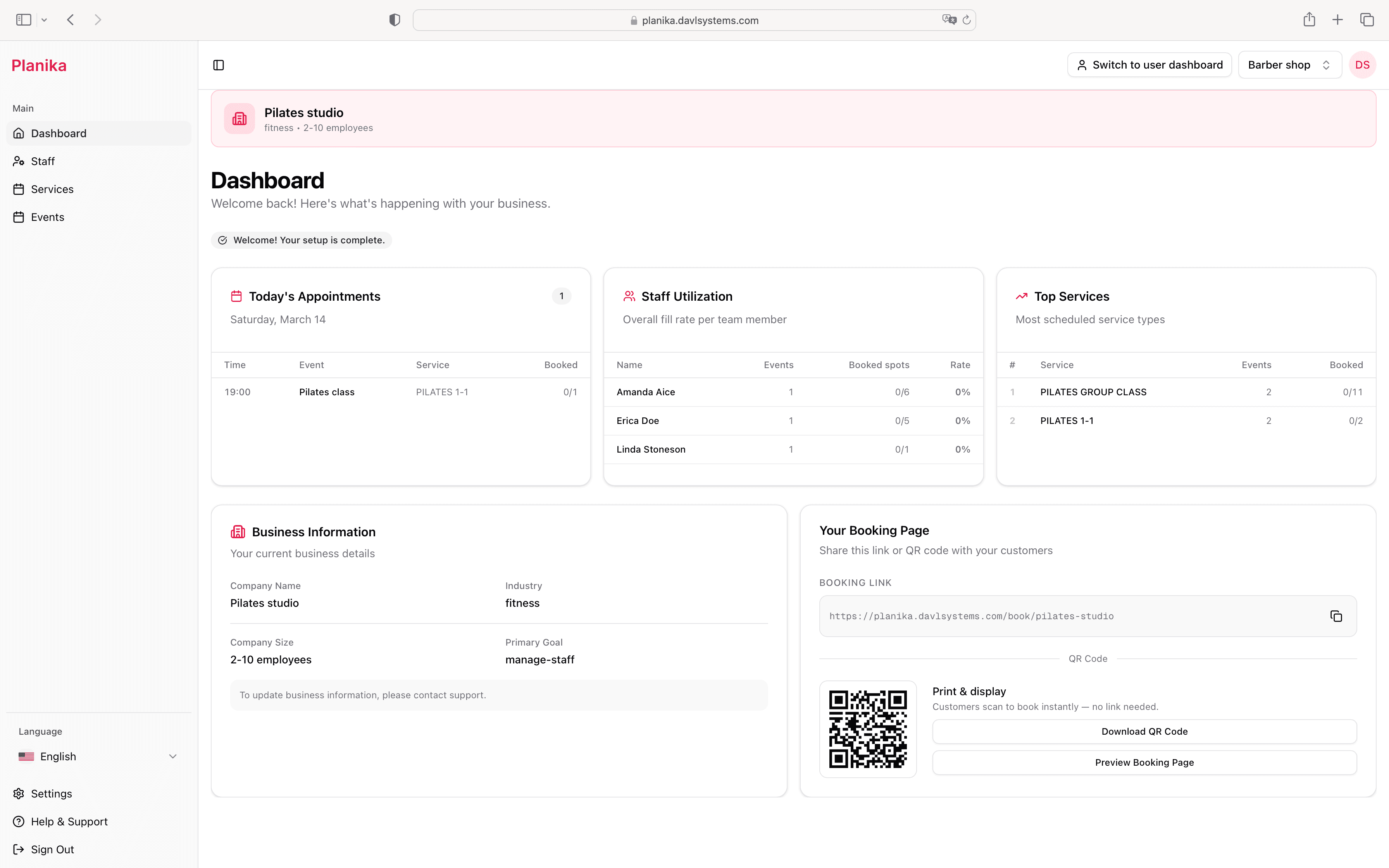 The Planika dashboard: today’s appointments, staff utilization, top services and the studio’s booking link